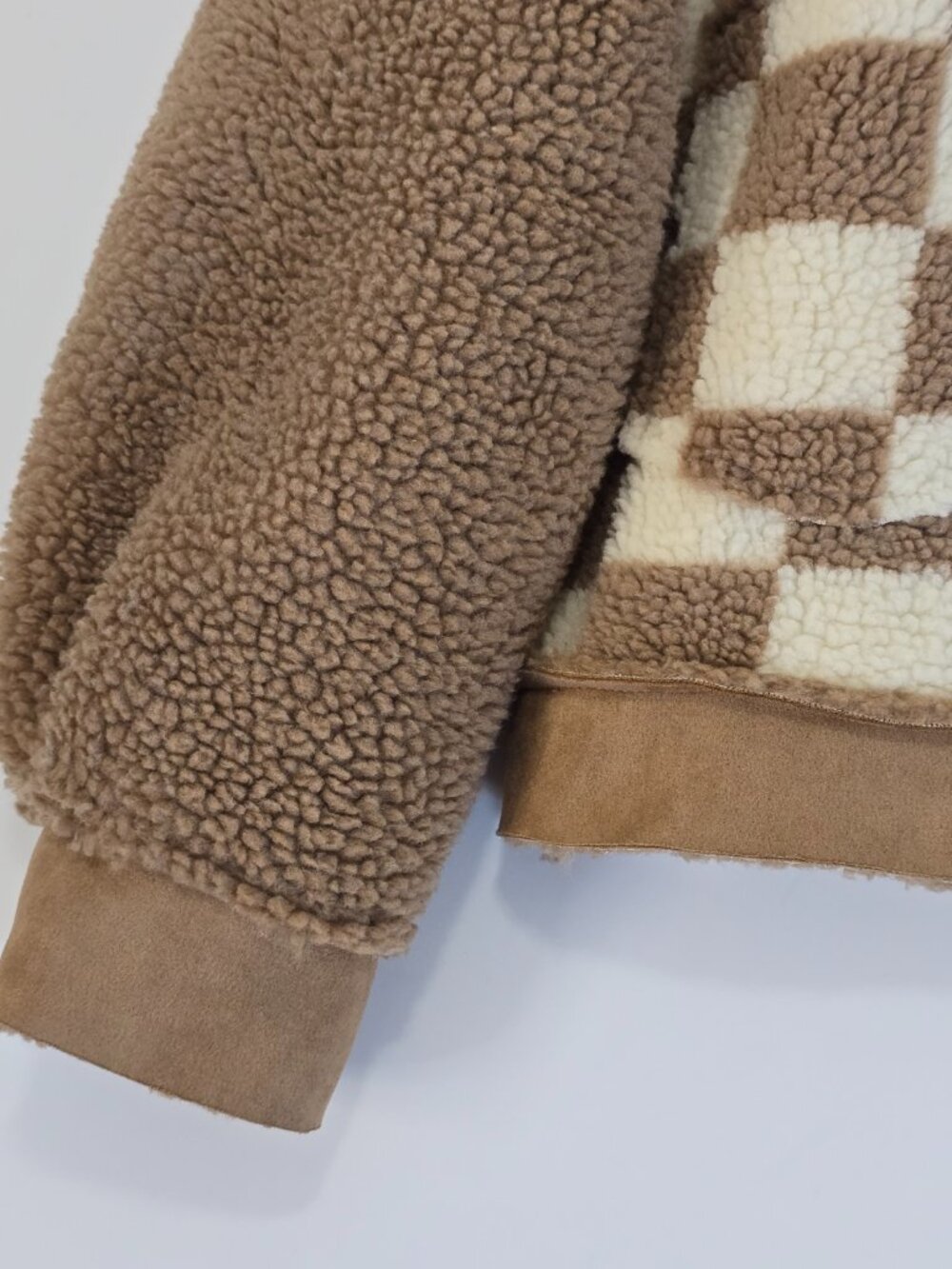 Miss Me Sherpa Faux Suede Jacket L Tan Checkered Patchwork NWT - Picture 6 of 9